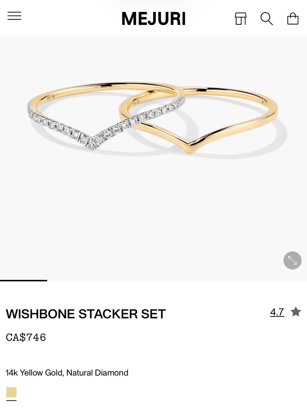 MEJURI Yellow Gold Wishbone Stacker Set with White Diamonds size 9